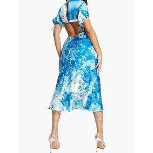 ASOS DESIGN satin midi dress with button through detail in patchwork blue floral